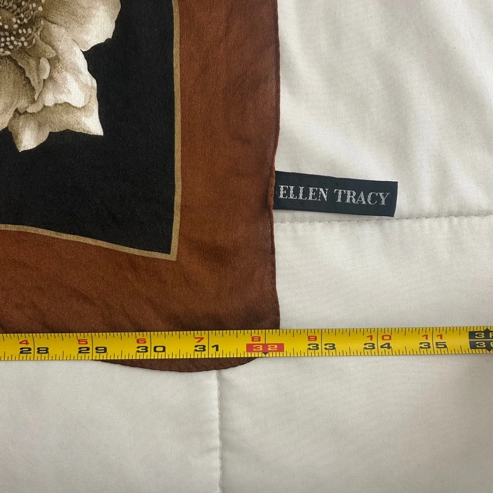 Ellen Tracy Silk Scarf Black Brown Floral Rose Print Square Large 32in Old Money